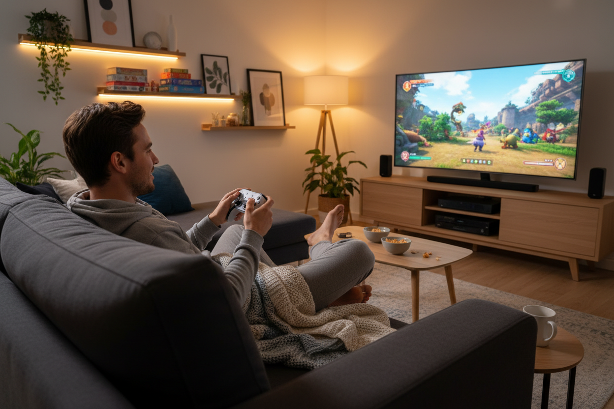 human playing gaming console