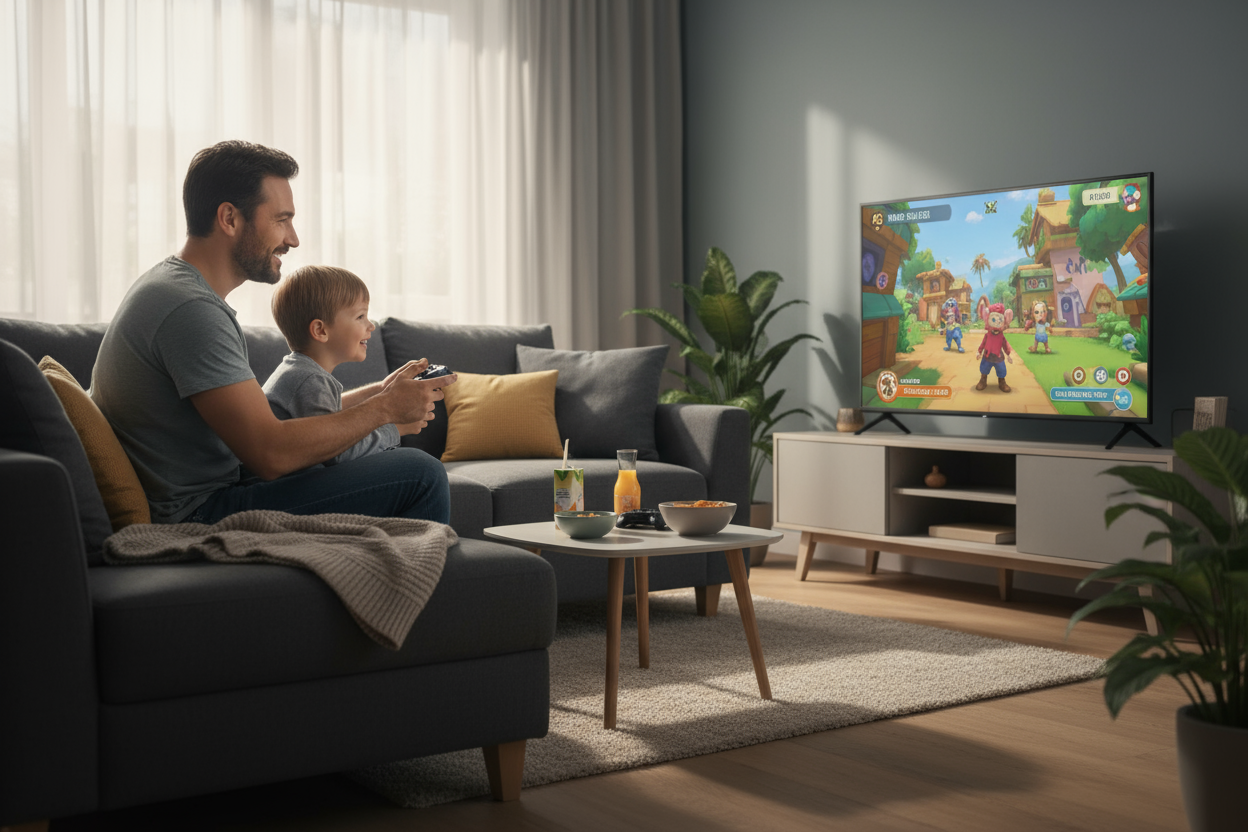 man and child enjoying gaming on tv with controllers in hand